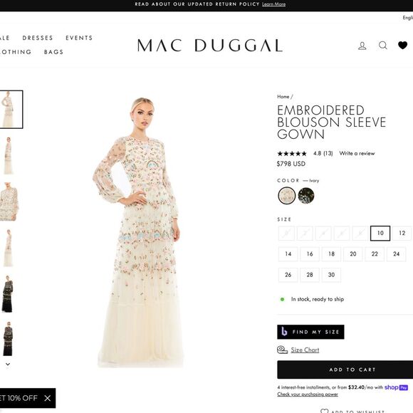 NEW Mac Duggal [‎ 10 ] 35111 Floral Embroidered Blouson Sleeve Gown Ivory Long - Picture 3 of 16